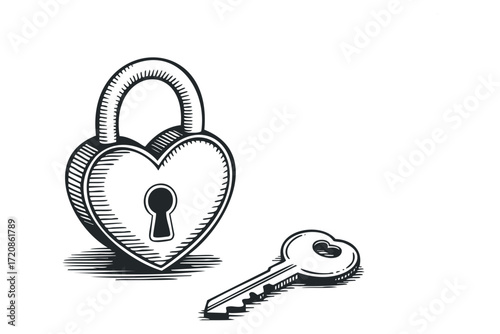 Heart shaped padlock with matching key on white. Vector hand drawn illustration