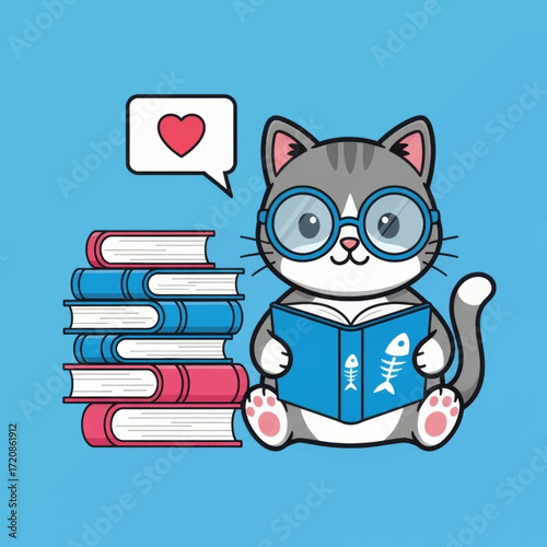 Cute gray tabby cat wearing glasses, sitting and reading a book with a stack of books next to it. A speech bubble with a heart is above the cat.