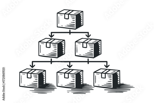 Hierarchy structure with boxes and arrows. Vector hand drawn illustration