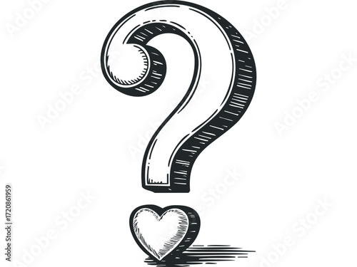 Sketch of a question mark with a heart symbol. Vector hand drawn illustration