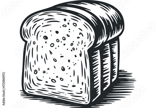 Black and white drawing of sliced bread loaf. Vector hand drawn illustration