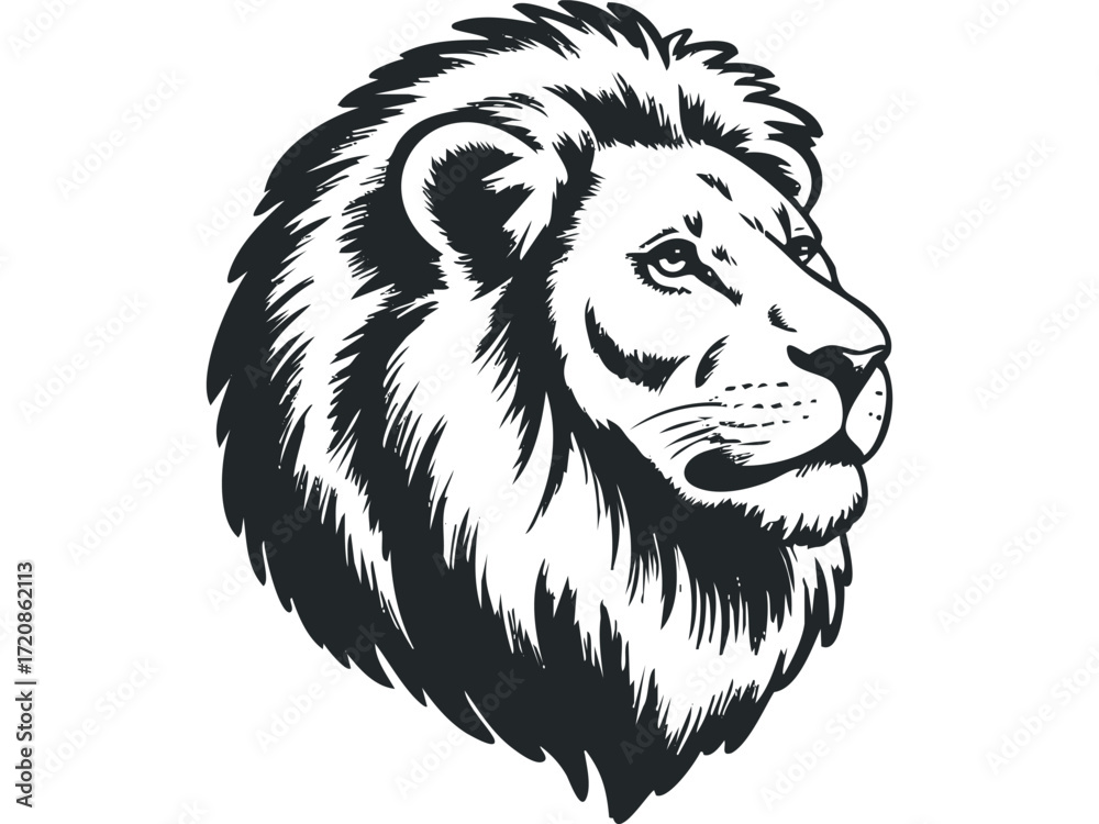 Obraz premium Majestic Lion Head Profile in Monochrome Graphic Style. Vector hand drawn illustration