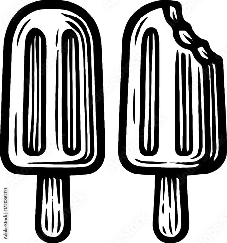 Black and white line art illustration of two popsicles, one whole and one with bite marks, creating a simple, summery image. Vector graphic isolated for design projects.