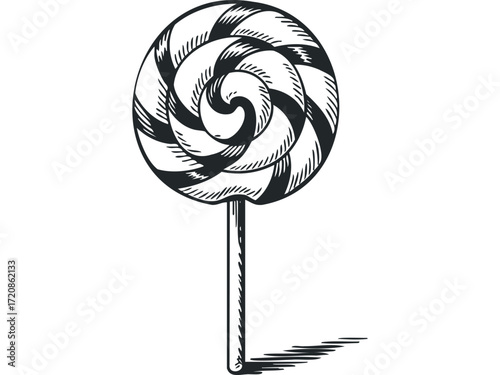 Swirl lollipop on stick with shadow. Vector hand drawn illustration