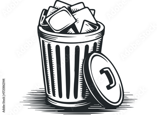 Trash Can Overfilled with Discarded Items and Open Lid. Vector hand drawn illustration