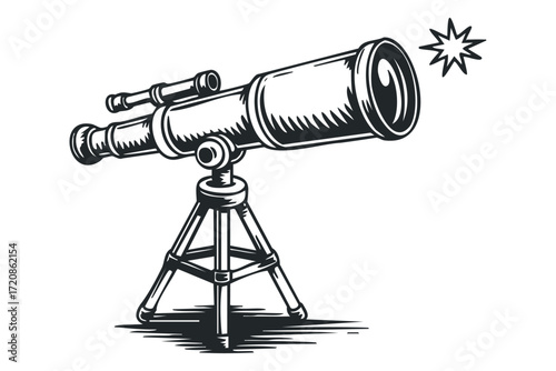 Telescope on tripod with star in vintage style. Vector hand drawn illustration