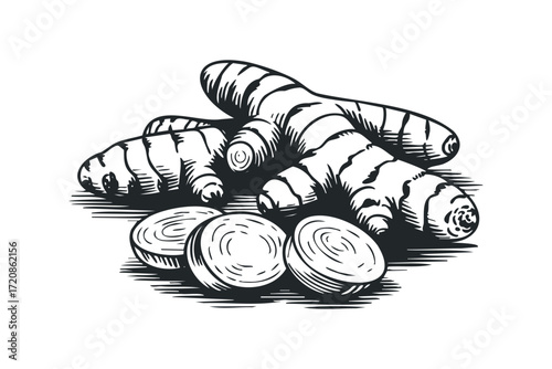 Heap of Turmeric Root and Slices. Vector hand drawn illustration