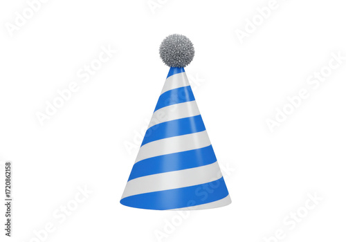 Isolated blue and white party hat with silver pom pom for fun celebration festivities
