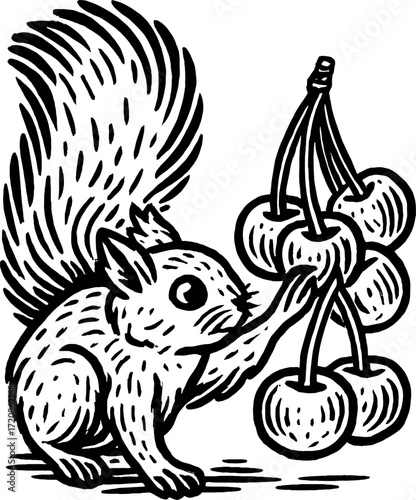 A detailed black and white line drawing depicts a squirrel reaching for a bunch of ripe cherries hanging from a branch, showcasing vintage illustrative style.