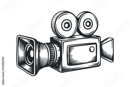 Vintage film camera with reels and lens. Vector hand drawn illustration