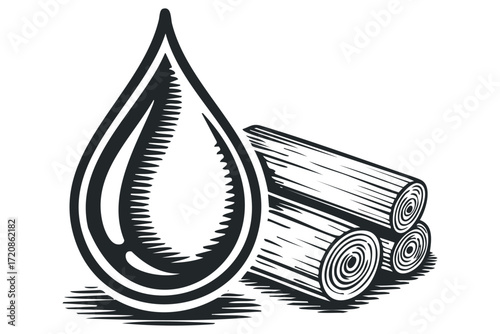 Liquid droplet and firewood logs stylized graphic. Vector hand drawn illustration