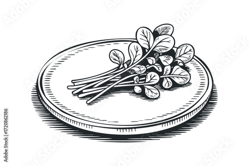 Hand Drawn Watercress Sprig on Round Plate. Vector hand drawn illustration