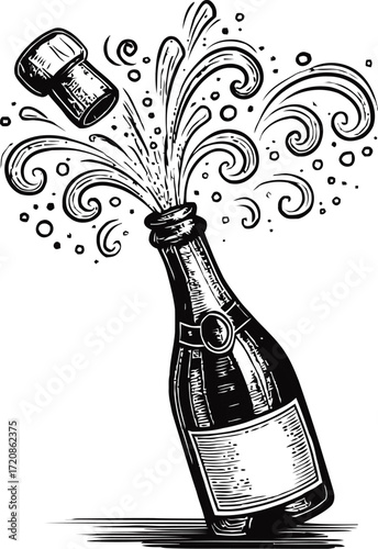 A black and white illustration of a bubbly bottle with the cork popping, creating a celebratory graphic. The image captures a sense of festivity and occasion.