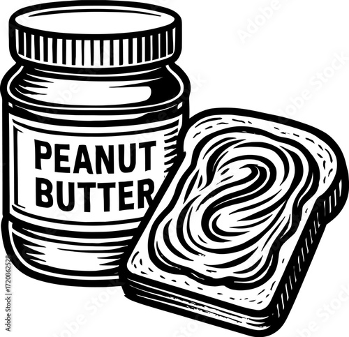 A detailed black and white illustration featuring a jar of peanut butter and a slice of toast with peanut butter spread on it. The drawing is clean and graphic.