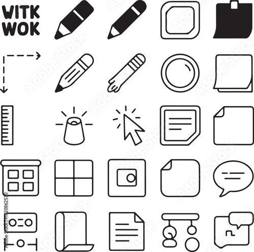A set of twenty four line art virtual white icons on a transparent background collection graphic