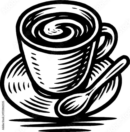 Detailed black and white illustration of a steaming coffee cup on a saucer with a spoon, capturing a minimalist, graphic design. Features bold outlines and retro aesthetic.
