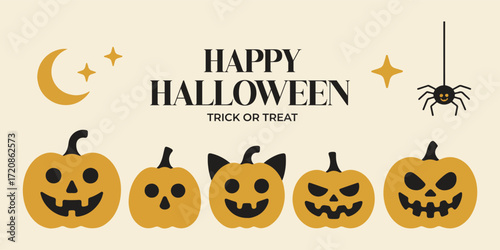 happy halloween greeting poster. scary pumpkin faces with moon spider and trick or treat vector illustration