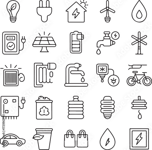 Set of twenty four line art home energy efficiency icons with transparent background vector