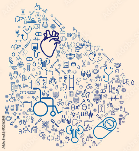 Map of Uruguay formed by icons related to medicine and healthcare system. SUS. Public healthcare. America	