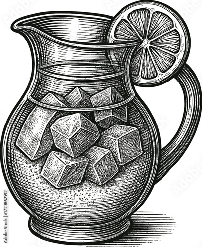 Engraved style illustration of a pitcher filled with lemonade and ice cubes, garnished with a lemon slice. The black and white vector graphic exudes a vintage, refreshing vibe.