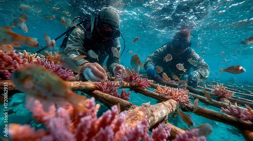Divers Observing Coral Restoration Grid with Blooming White-Pink Coral and Fish in Clear Ocean