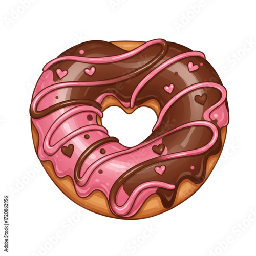 Delicious donut with pink and chocolate frosting and little hearts, a sweet treat perfect for Valentine's Day or any special occasion