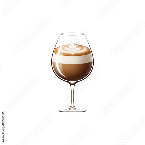 Elegant coffee drink with latte art in a wine glass, a sophisticated beverage for cafes and gourmet menus, ideal for social media and advertising