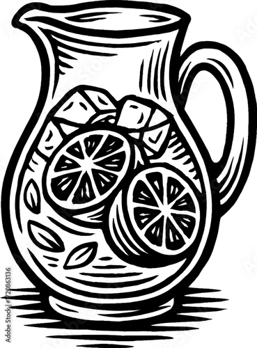 Black and white line drawing of a clear glass pitcher full of ice and sliced oranges. The simple design makes it suitable for many design and illustration projects.