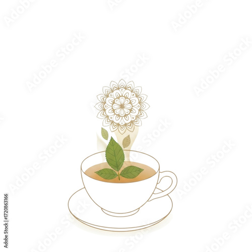 Elegant tea time illustration with steaming herbal tea and delicate mandala, perfect for wellness blogs or spa promotions, infused with tranquility