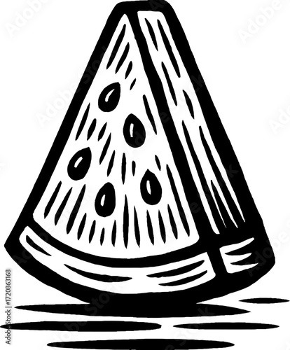 A black and white illustration of a slice of watermelon. The triangular cut piece features visible seeds and shading.