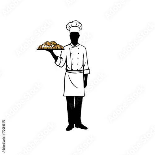 Elegant chef offering a tray of golden croissants, perfect for bakery promotions, restaurant menus, and culinary designs with a touch of sophistication