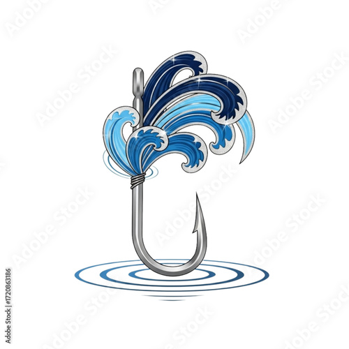Evocative fishing hook design with stylized wave crests and shimmering detail, ideal for nautical themes and adventure brands with a vector origin