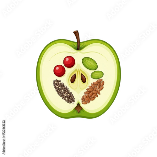 Innovative green apple cross-section filled with seeds, berries, and nuts for healthy eating education and vibrant nutrition concepts, originally vector art