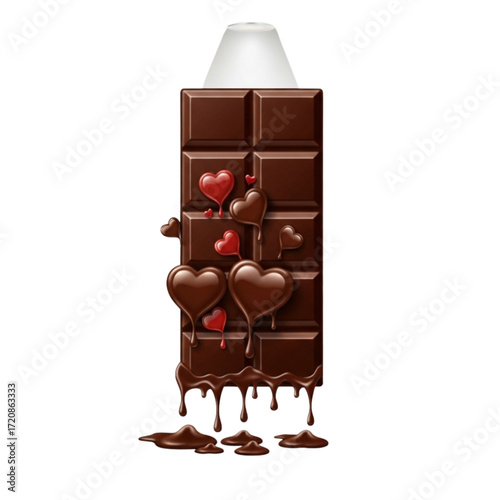 Indulge your senses with this decadent chocolate bar, adorned with dripping chocolate hearts, perfect for Valentine's Day or sweet promotions