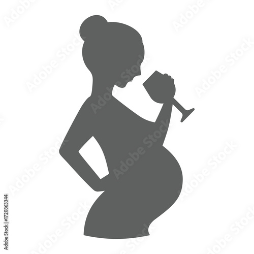 Pregnant woman drinking alcohol. Pregnancy and wine glass drink vector silhouette icon.
