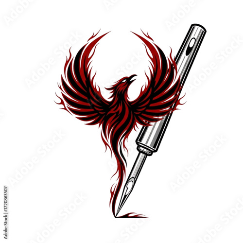 Striking phoenix rising from a tattoo needle, symbolising rebirth and artistry, perfect for tattoo artists, studios, and creative design projects.