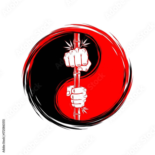 Striking yin yang symbol with hands gripping bamboo, representing balance, strength, and harmony, perfect for martial arts and wellness brands
