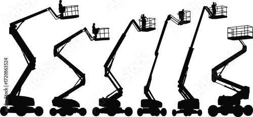 Boom lift silhouettes, aerial work platforms, cherry picker icons, construction equipment, elevated workers, black illustrations, vector design, industrial access tools
