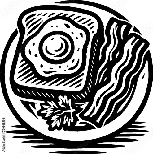 A monochrome illustration of a breakfast plate featuring a sunny-side-up egg on toast, slices of bacon, and a garnish of parsley.