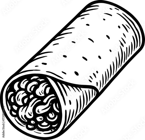 Monochrome graphic illustration of a burrito showcasing fillings. Captures a popular and flavorful fast food meal on white background.