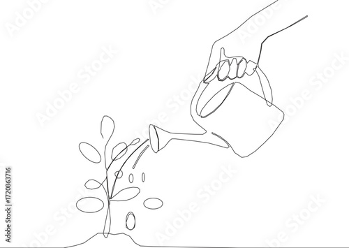 watering potted houes plant in single line draw illustration. Continuous one line drawing of Watering can and plant . On White background.