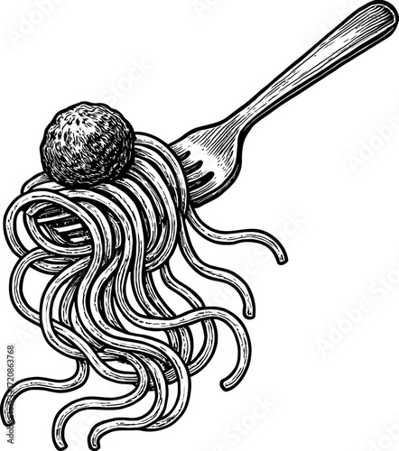 Detailed monochrome engraving style illustration featuring spaghetti and a meatball on a fork, showcasing classic Italian cuisine in a vintage graphic style.