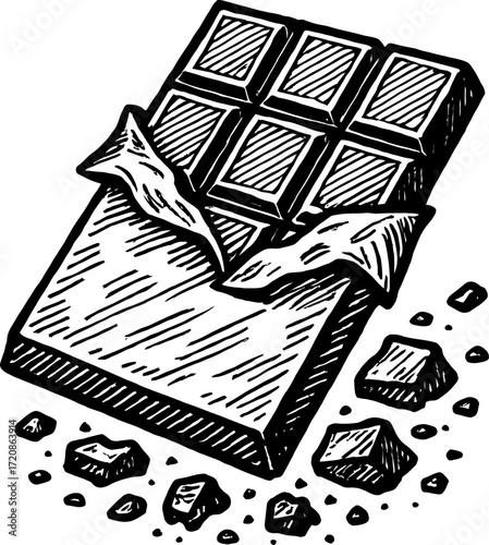 A monochrome illustration features a generic treat bar with its packaging partially unwrapped and treat crumbs around it, rendered in a retro, hand-drawn style.