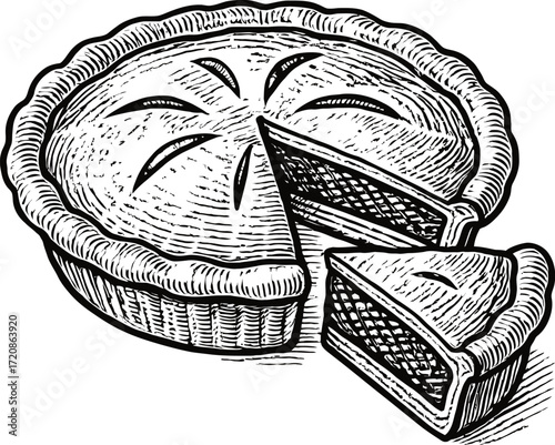 A monochrome illustration of a pie with a slice cut out, featuring a lattice crust pattern and a detailed, vintage graphic style.