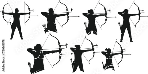 Archery silhouette illustration, archer aiming with bow and arrow, sports training, competition target, precision shooting, athlete focus, traditional, accuracy, motion, skill