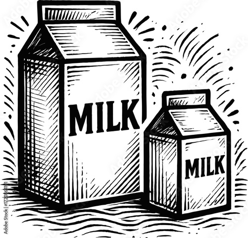 Monochrome illustration of two generic milk cartons of different sizes with the word MILK in bold lettering, created with etched lines on a white backdrop.