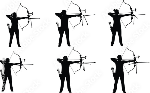 Archery silhouette vector, archer aiming bow and arrow, sports training, competition target shooting, precision focus, athlete practice, accuracy skill, illustration, motion, accuracy