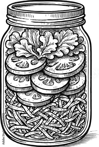 A monochrome line art illustration of assorted pickled vegetables including sliced cucumbers, green beans, and lettuce arranged in a glass mason jar.