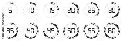 Digital countdown timer icons from 5 to 60 minutes. Circular progress bars in black, vector design set.
