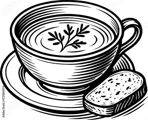 A monochrome image of a bowl of creamy soup topped with a sprig of dill next to a slice of bread, rendered in a vintage engraving style.